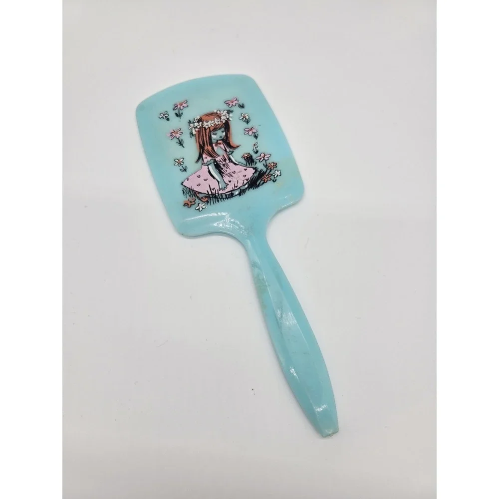 Blue Vintage Child's Hand Mirror With Girl And‎ Flowers. 10 Inches